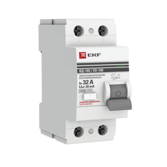 УЗО EKF ВД-100 2P 32 А 30 мА 4.5 кА АС elcb-2-32-30-em-pro
