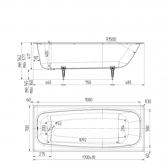 Ванна Ресса чугун 170x70 см