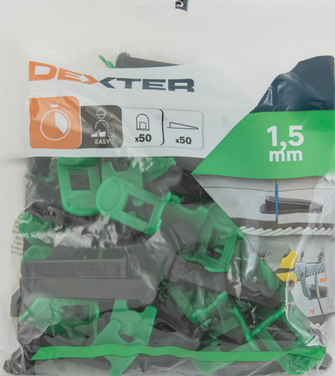 Комплект зажимы и клинья для выравнивания плитки Dexter 1.5 мм 50/50 шт.