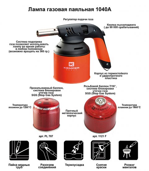 Лампа паяльная газовая Kemper с пьезоподжигом (1040А)