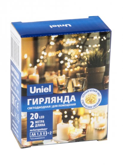 Гирлянда светодиодная роса Uniel на батарейках 2 м 20 LED теплый белый свет