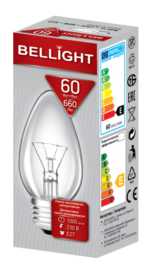 Лампа накаливания E27 230 В 60 Вт свеча прозрачная 660 лм, тёплый белый свет