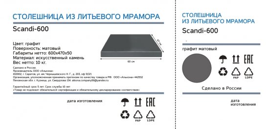 Столешница для ванной Scandi SC-60MS 60x4x47 см, искусственный камень, цвет матовый графит