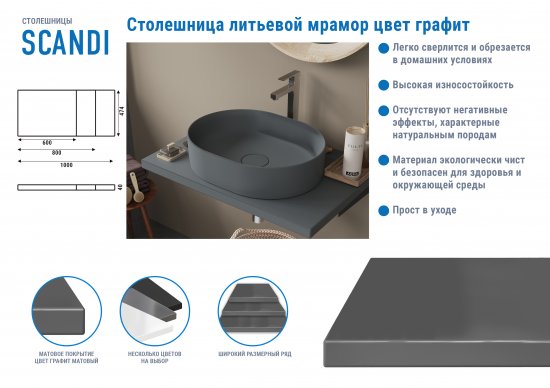 Столешница для ванной Scandi SC-60MS 60x4x47 см, искусственный камень, цвет матовый графит