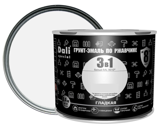 Грунт-эмаль по ржавчине 3 в 1 Dali Special гладкая цвет белый 0.4 кг RAL 9010