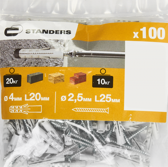 Дюбель потайной Standers PND 4x20 мм с шурупом 2.5x25 мм нейлон 100 шт.