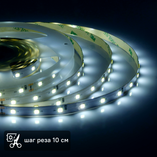 Светодиодная лента Apeyron SMD2835 24В 10 мм 5м 12 Вт/м 60диод/м 1000 лм/м 6500 К холодный белый свет