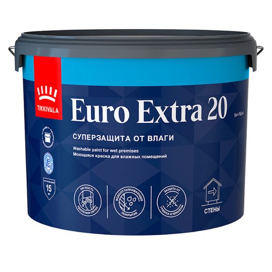 Краска моющаяся Tikkurila/Tikkivala Euro Extra 20 база А белая 9 л