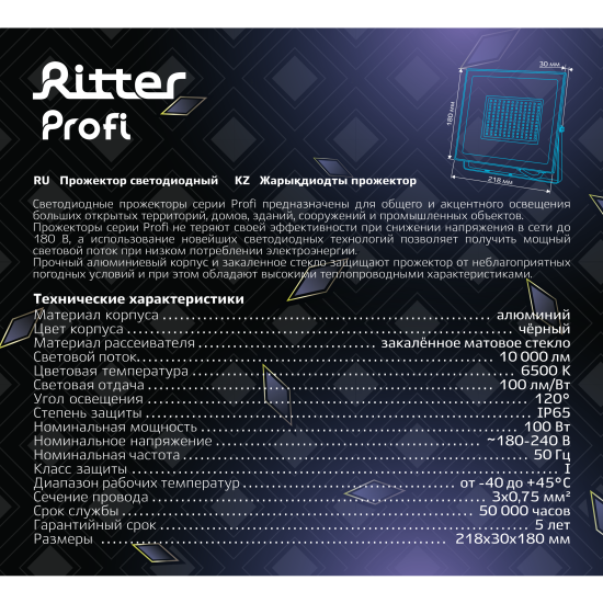 Прожектор светодиодный уличный Ritter Profi 53410 9 100 Вт 10000 Лм 180-240В холодный белый свет 6500К IP65 черный