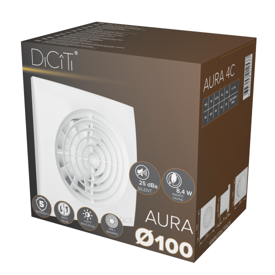 Вентилятор осевой вытяжной Diciti Aura 4C D100 мм 25 дБ 90 м3/ч обратный клапан цвет белый