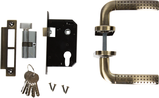 Замок врезной с дверными ручками на планке Inspire античная бронза