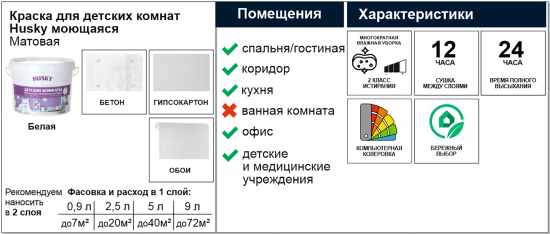 Краска для детских комнат Husky моющаяся матовая цвет белый 9 л