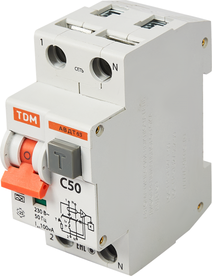 Дифференциальный автомат Tdm Electric АВДТ-63 1P N C50 A 100 мА 6 кА A SQ0202-0014