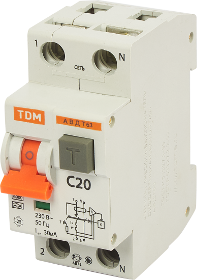 Дифференциальный автомат Tdm Electric АВДТ-63 1P N C20 A 30 мА 6 кА A SQ0202-0003