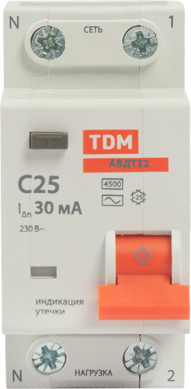 Дифференциальный автомат Tdm Electric АВДТ-32 1P N C25 A 30 мА 4.5 кА AC SQ0202-0505