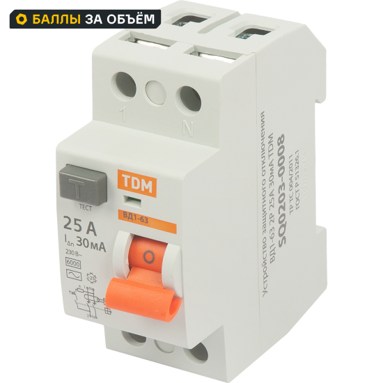 УЗО Tdm Electric ВД1-63 2P 25 A 30 мА 4.5 кА AC SQ0203-0008