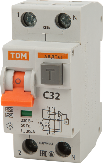 Дифференциальный автомат Tdm Electric АВДТ-63 1P N C32 A 30 мА 6 кА AС SQ0202-0005