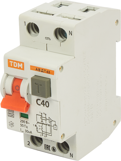 Дифференциальный автомат Tdm Electric АВДТ-63 1P N C40 A 30 мА 6 кА AС SQ0202-0006