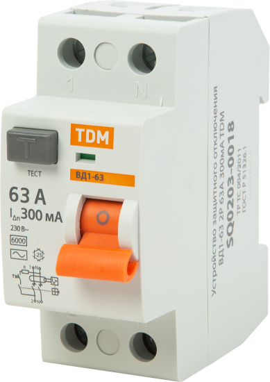 УЗО Tdm Electric ВД1-63 2P 63 A 300 мА 4.5 кА AC SQ0203-0018