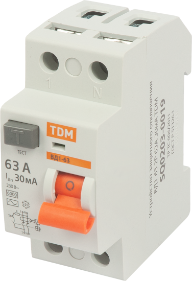 УЗО Tdm Electric ВД1-63 2P 63 A 30 мА 4.5 кА AC SQ0203-0080