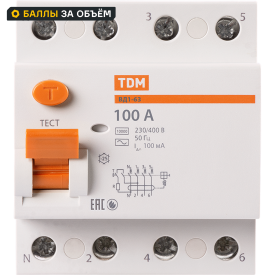 УЗО Tdm Electric ВД1-63 4P 100 A 100 мА 4.5 кА AC SQ0203-0048