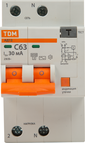 Дифференциальный автомат Tdm Electric АД-12 2P C63 A 30 мА 4.5 кА AC SQ0204-0023