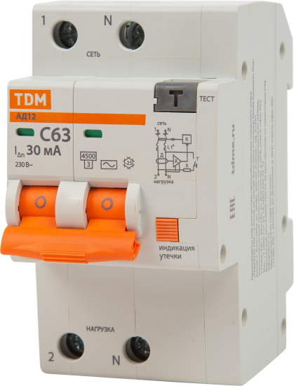 Дифференциальный автомат Tdm Electric АД-12 2P C63 A 30 мА 4.5 кА AC SQ0204-0023