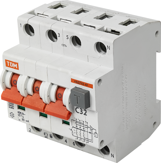 Дифференциальный автомат Tdm Electric АВДТ-63 3P N C32 A 30 мА 6 кА AС SQ0202-0019