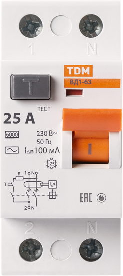 УЗО Tdm Electric ВД1-63 2P 25 A 100 мА 4.5 кА AC SQ0203-0005