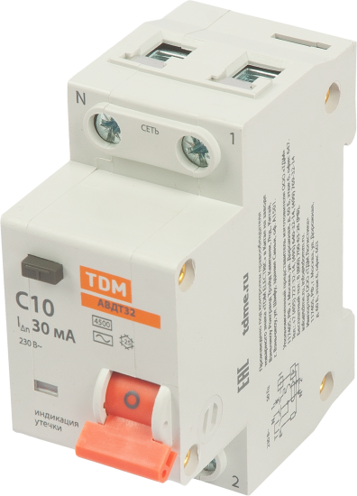Дифференциальный автомат Tdm Electric АВДТ-32 1P N C10 A 30 мА 4.5 кА AC SQ0202-0501