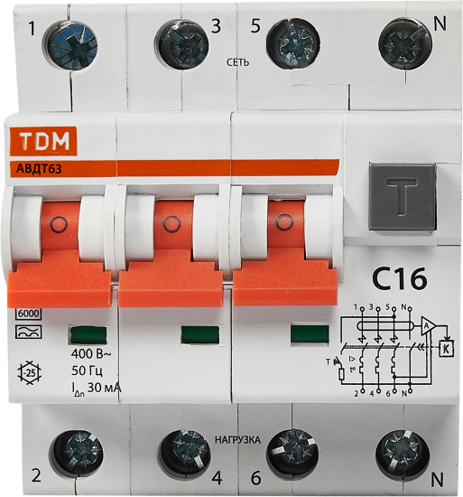 Дифференциальный автомат Tdm Electric АВДТ-63 3P N C16 A 30 мА 6 кА AС SQ0202-0017