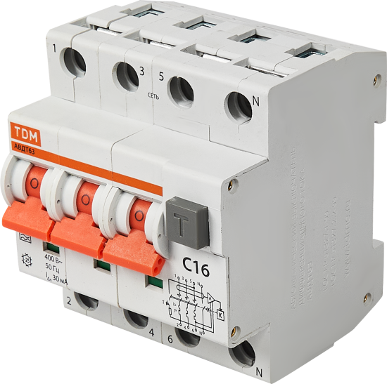 Дифференциальный автомат Tdm Electric АВДТ-63 3P N C16 A 30 мА 6 кА AС SQ0202-0017