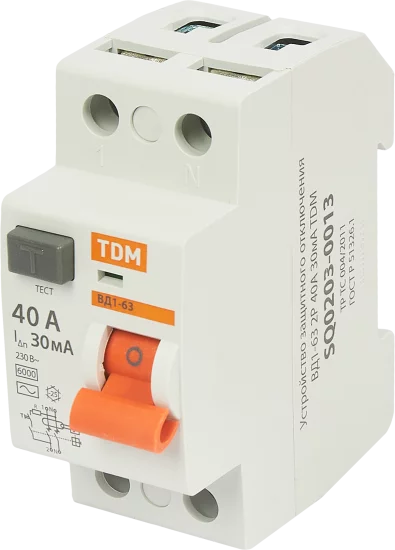 УЗО Tdm Electric ВД1-63 2P 40 A 30 мА 4.5 кА AC SQ0203-0013