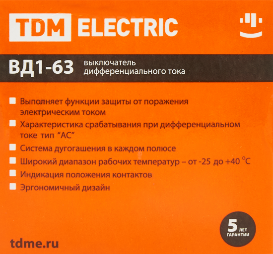 УЗО Tdm Electric ВД1-63 2P 40 A 100 мА 4.5 кА AC SQ0203-0011