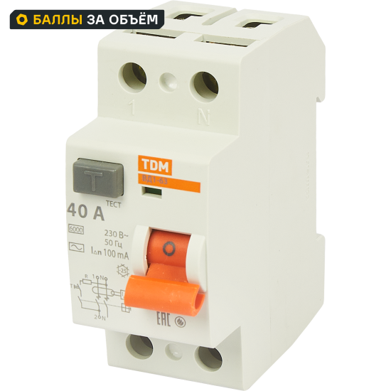 УЗО Tdm Electric ВД1-63 2P 40 A 100 мА 4.5 кА AC SQ0203-0011