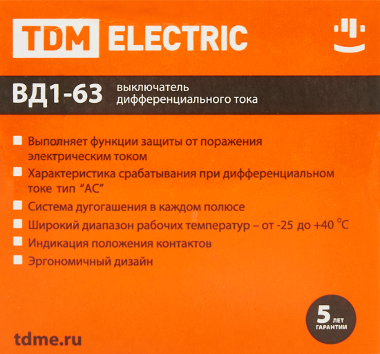 УЗО Tdm Electric ВД1-63 2P 40 A 100 мА 4.5 кА AC SQ0203-0011