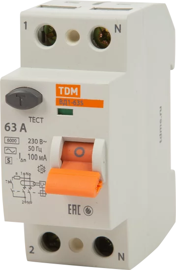 УЗО Tdm Electric ВД1-63S 2P 63 A 100 мА 4.5 кА AC SQ0203-0060