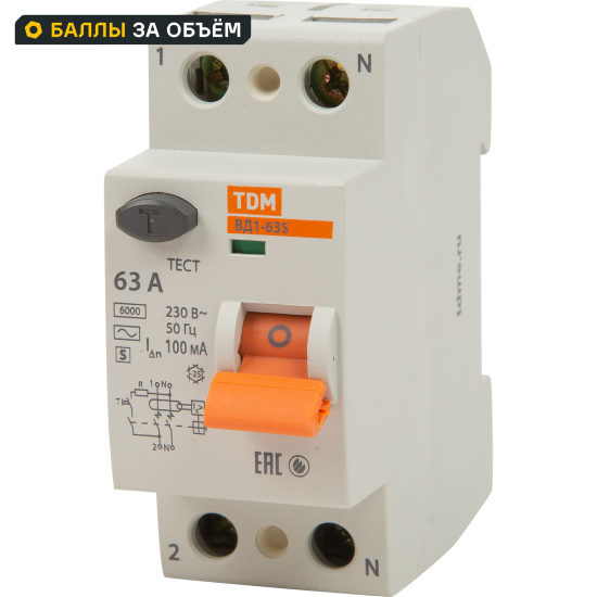 УЗО Tdm Electric ВД1-63S 2P 63 A 100 мА 4.5 кА AC SQ0203-0060