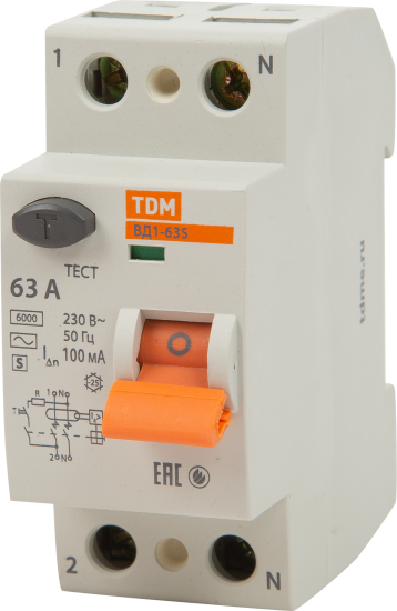 УЗО Tdm Electric ВД1-63S 2P 63 A 100 мА 4.5 кА AC SQ0203-0060