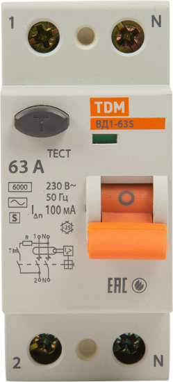 УЗО Tdm Electric ВД1-63S 2P 63 A 100 мА 4.5 кА AC SQ0203-0060