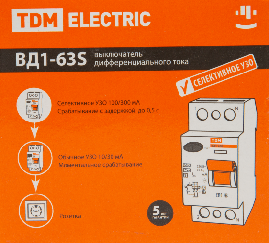 УЗО Tdm Electric ВД1-63S 2P 63 A 100 мА 4.5 кА AC SQ0203-0060