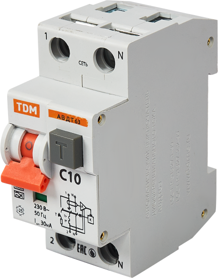 Дифференциальный автомат Tdm Electric АВДТ-63 2P C10 A 30 мА 6 кА AС SQ0202-0001