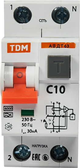 Дифференциальный автомат Tdm Electric АВДТ-63 2P C10 A 30 мА 6 кА AС SQ0202-0001