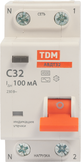 Дифференциальный автомат Tdm Electric АВДТ-32 1P N C32 A 100 мА 4.5 кА AC SQ0202-0508