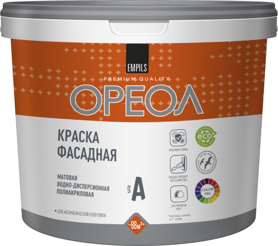 Краска фасадная Ореол матовая цвет белый база А 9 л