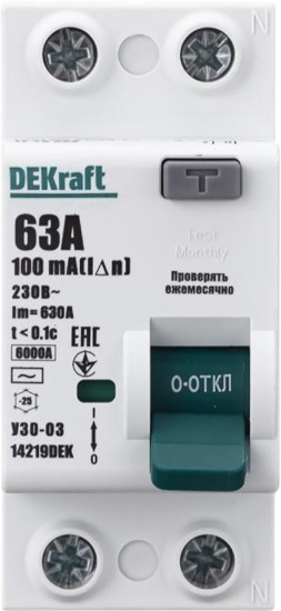 УЗО Dekraft 2P 63 A 100 мА 6 кА AC 14219DEK