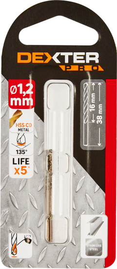 Сверло спиральное по металлу HSS-Co Dexter к. Pro 113-04261, 1.2x38 мм, 2 шт.