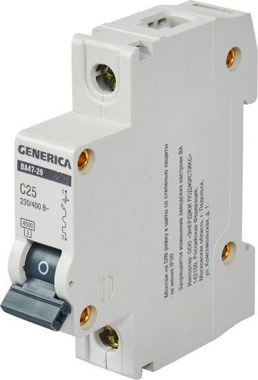 Автоматический выключатель Generica ВА47-29 1P C25 А 4.5 кА