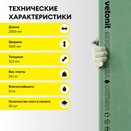 Гипсокартон Vetonit (Gyproc) Аква Оптима 2500х1200х12,5 мм влагостойкий