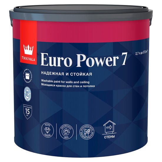 Краска моющаяся Tikkurila/Tikkivala Euro Power 7 база А белая 2,7 л